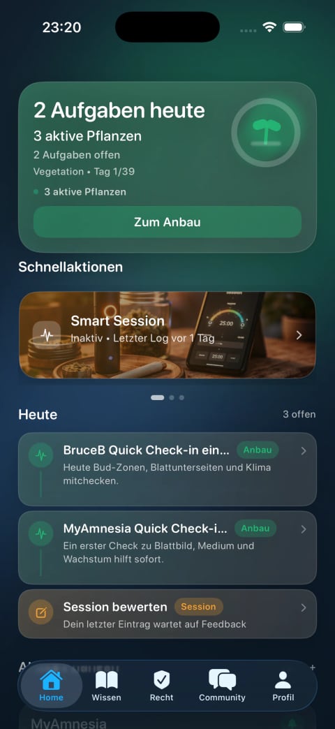 Leafari Startseite mit Aufgaben, Schnellaktionen und Navigation