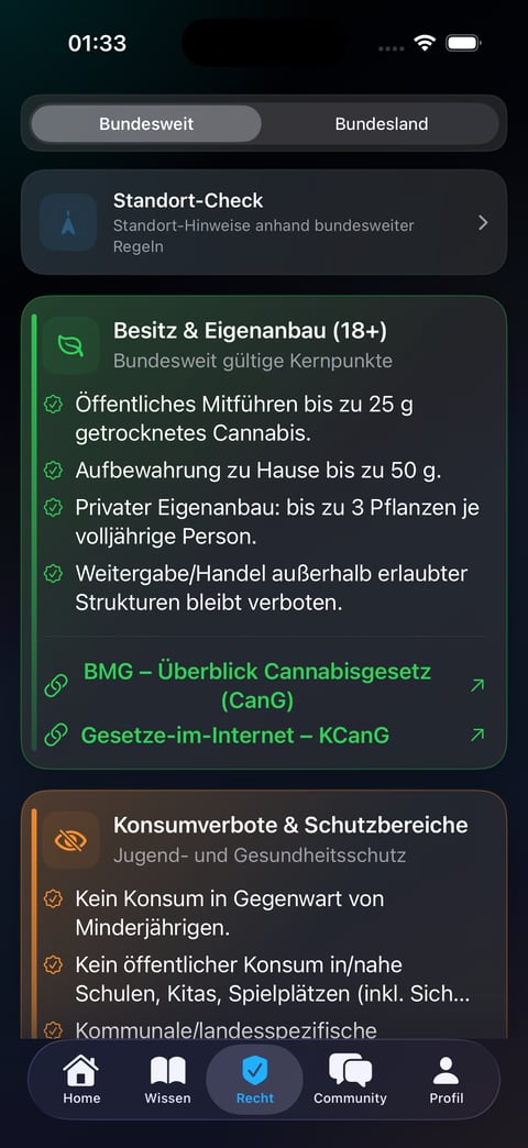 Leafari Rechtsansicht mit 18+ Besitz- und Schutzbereichsinformationen