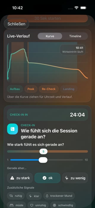 Leafari Smart Session aktiv mit Verlaufskurve und Check-in-Bereich