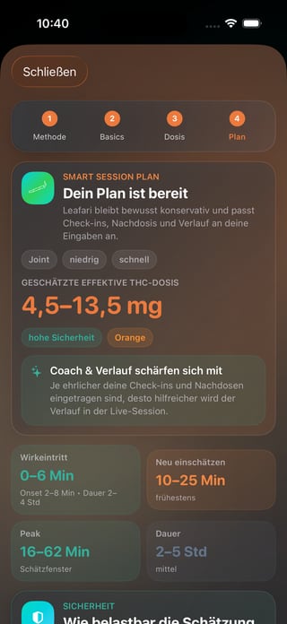 Leafari Smart Session Plan mit vorsichtiger Einschätzung und Zeitfenstern